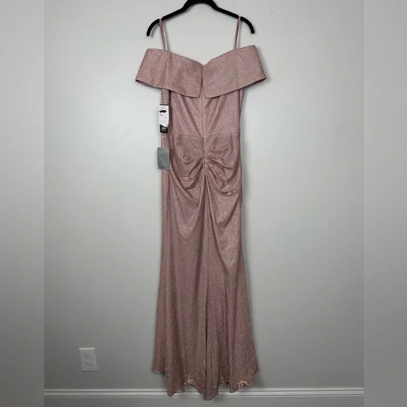 XSCAPE EVENINGS Blush / Silver Ruffle Off the Shoulder Foil Knit Trumpet Gown - Picture 6 of 11